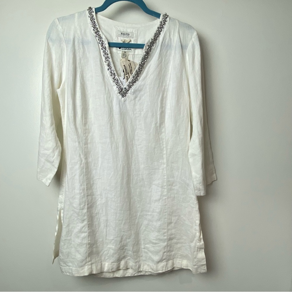 Malvin I love Linen Sz  Medium white tunic length linen top New with tags